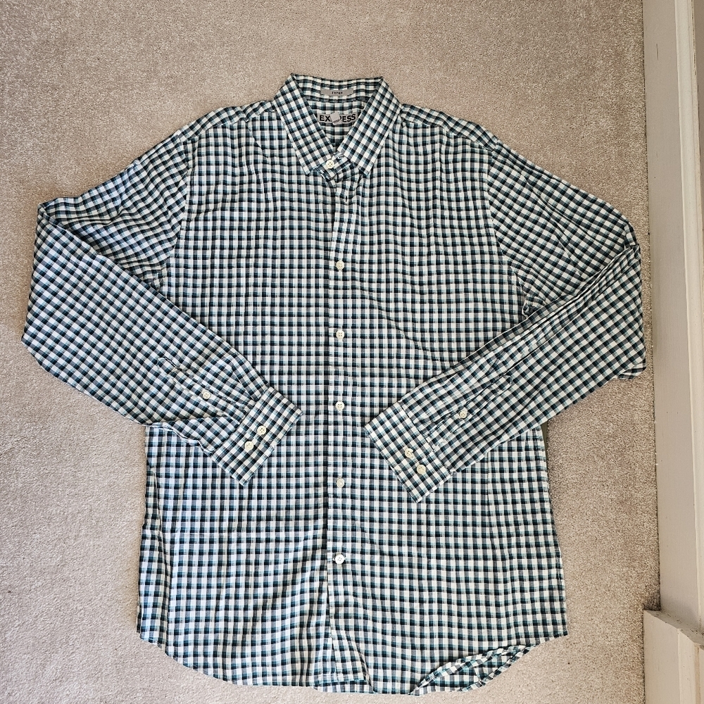 EXPRESS Men's L Fitted Teal Gingham Plaid Button Down Shirt